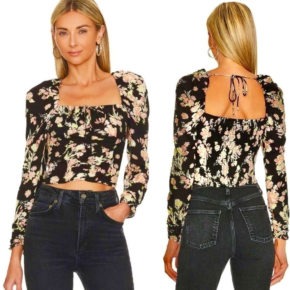 New Free People Hillary Black Floral Top